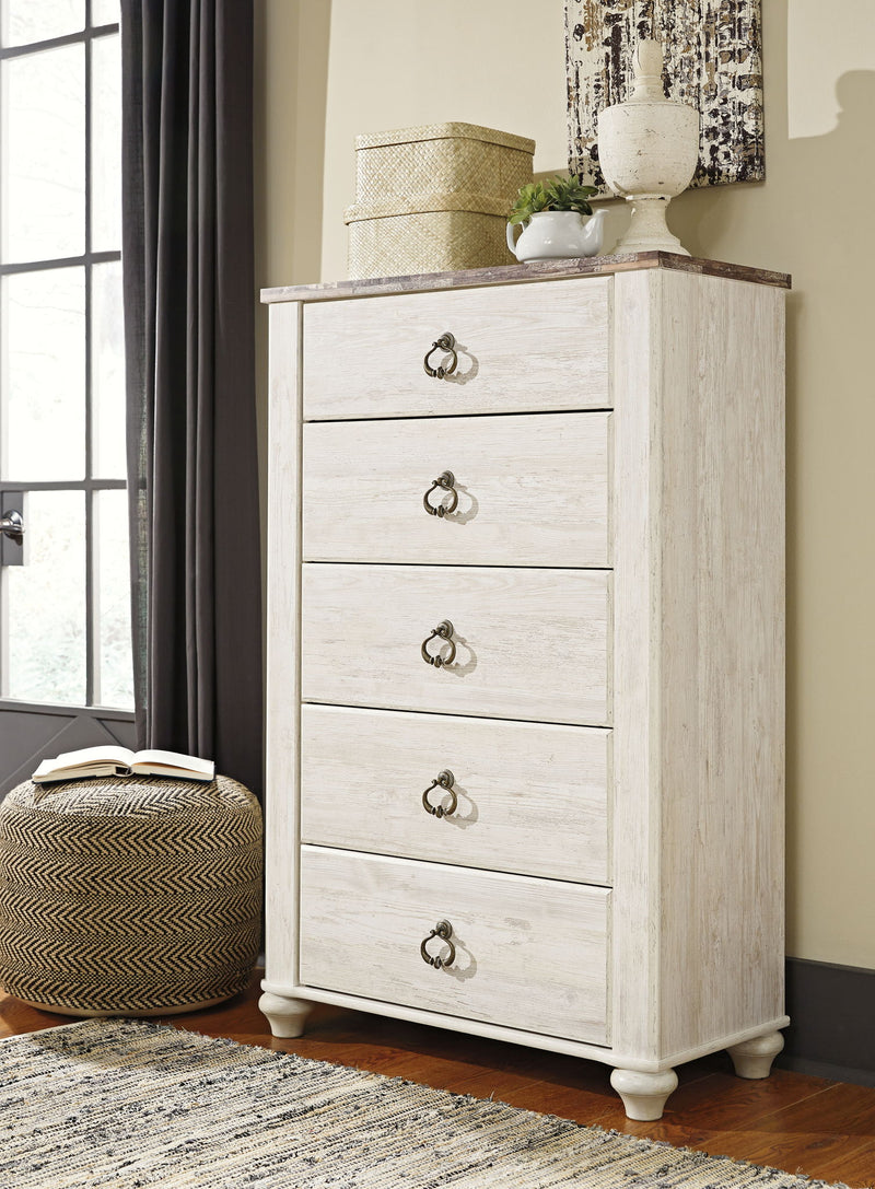 Willowton - Five Drawer Chest - Brown / Beige / White - R&R Furniture Gallery (Fountain Valley, CA)