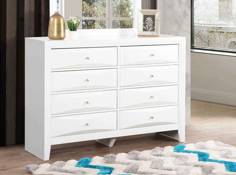 Glory Furniture Marilla dresser with multiple drawers and a sleek wood finish, perfect for bedroom storage.
