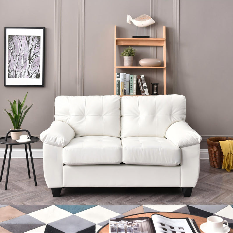 Glory Furniture Gallant stationary loveseat with plush fabric and cushioned armrests, ideal for cozy living room seating.