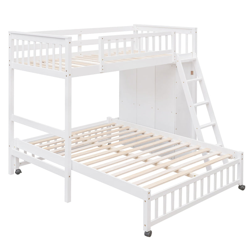 DreamHaus bunk bed with six drawers, flexible shelves, and a bottom bed on wheels, ideal for space-saving bedroom storage.