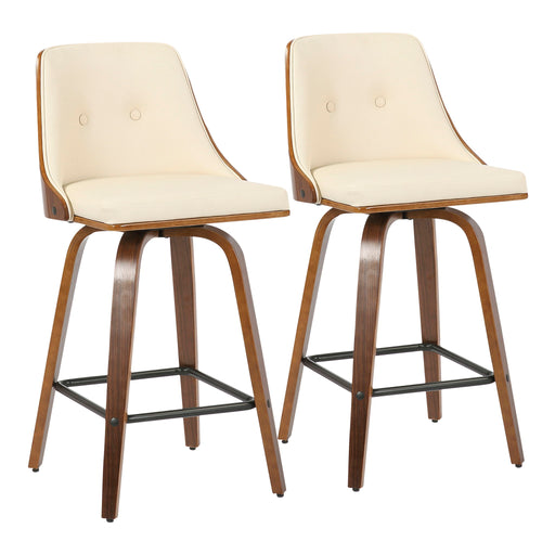 Set of two Lumi Source Gianna mid-century modern counter stools with wooden legs and upholstered seats.