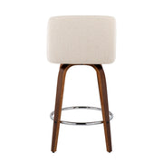 Lumi Source Toriano mid-century modern fixed-height counter stools with round footrests, set of 2, featuring sleek wooden legs and upholstered seats.