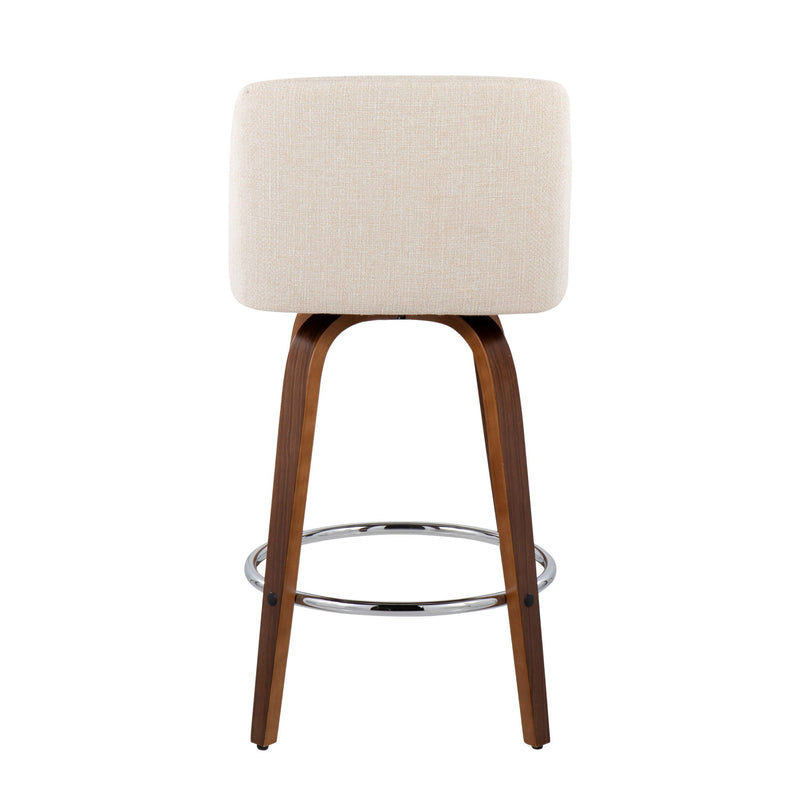 Lumi Source Toriano mid-century modern fixed-height counter stools with round footrests, set of 2, featuring sleek wooden legs and upholstered seats.