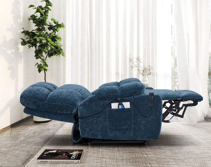 Refined Comfort dual Okin motor lift recliner chair for elderly with infinite position, lay flat, heat, and massage features.