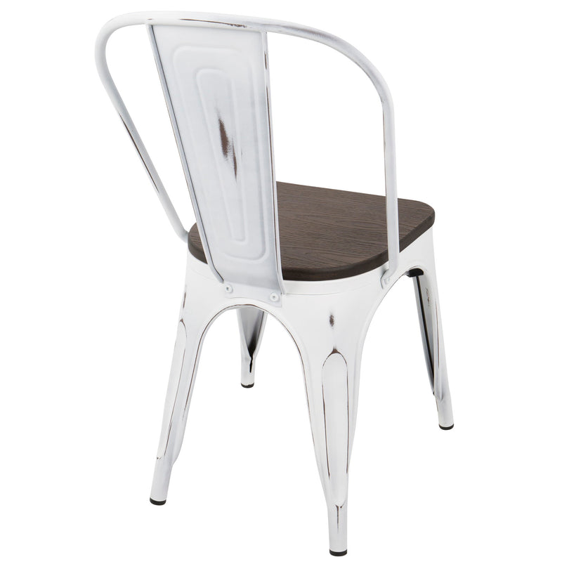 Lumi Source Oregon Industrial Farmhouse stackable dining chairs set of 2 with wooden seats and metal frames on a dining room floor.