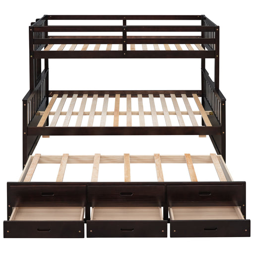 DreamHaus bunk bed with twin size trundle and built-in drawers, featuring a sturdy wooden frame and space-saving design.