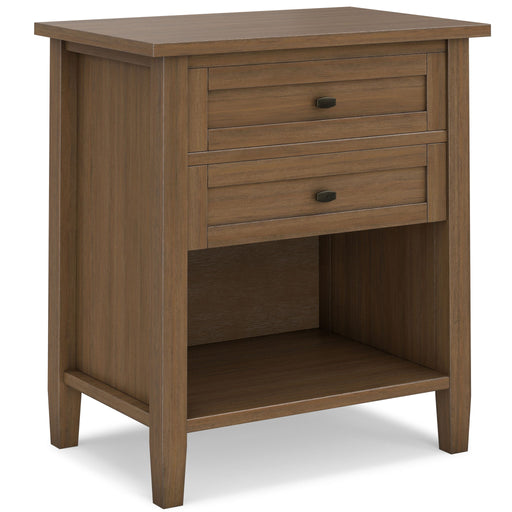 Brown Simpli-Home Warm Shaker bedside table with two drawers, accent nightstand, showing smooth wood finish and modern design.