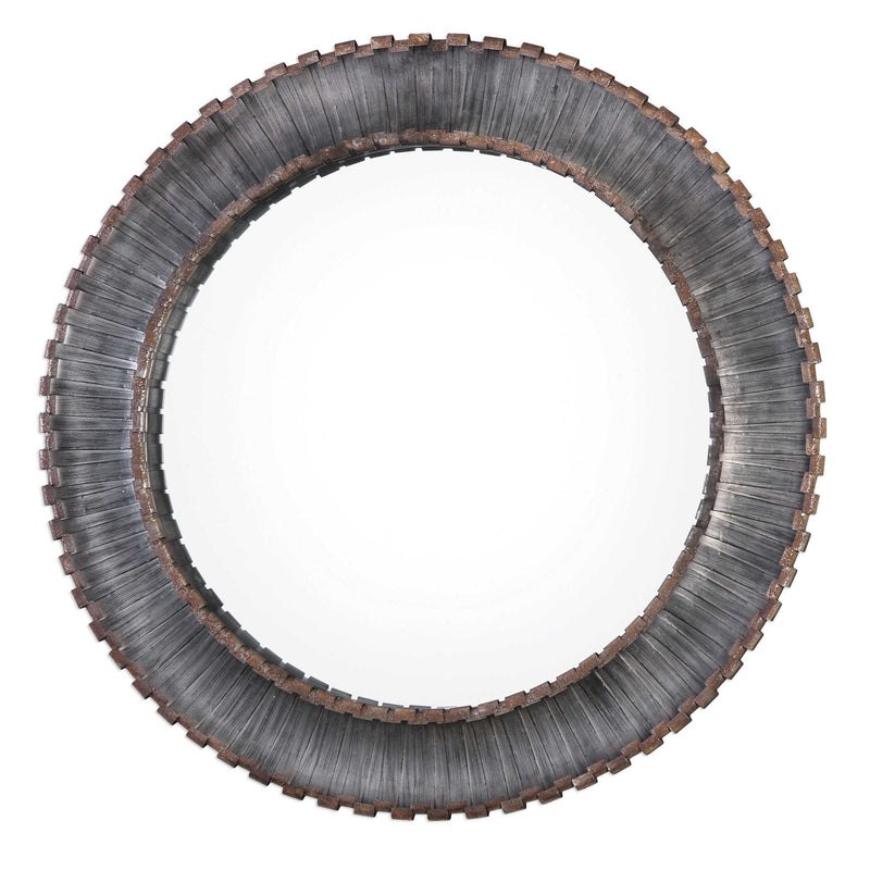Uttermost Tanaina round wall mirror with silver frame, reflecting a modern, stylish decor element for wall decoration.