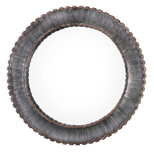 Uttermost Tanaina round wall mirror with silver frame, reflecting a modern, stylish decor element for wall decoration.