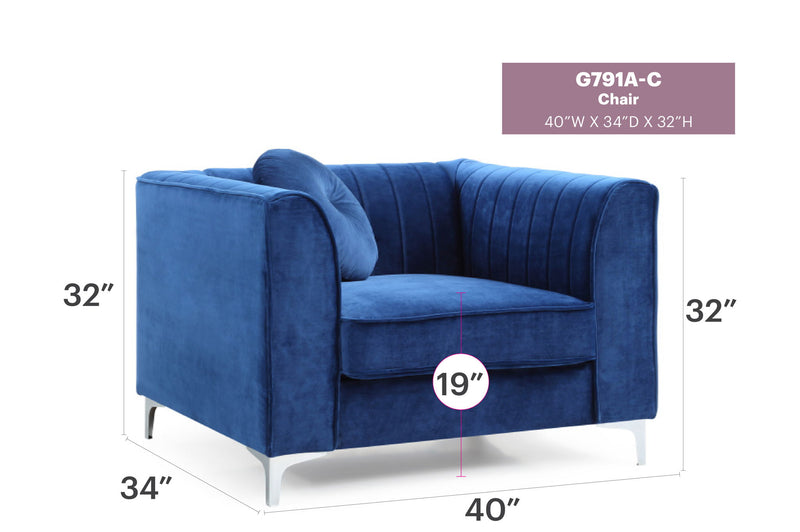 Contemporary sloped armchair by Glory Furniture with plush upholstery and sleek design, shown in a modern living room setting.