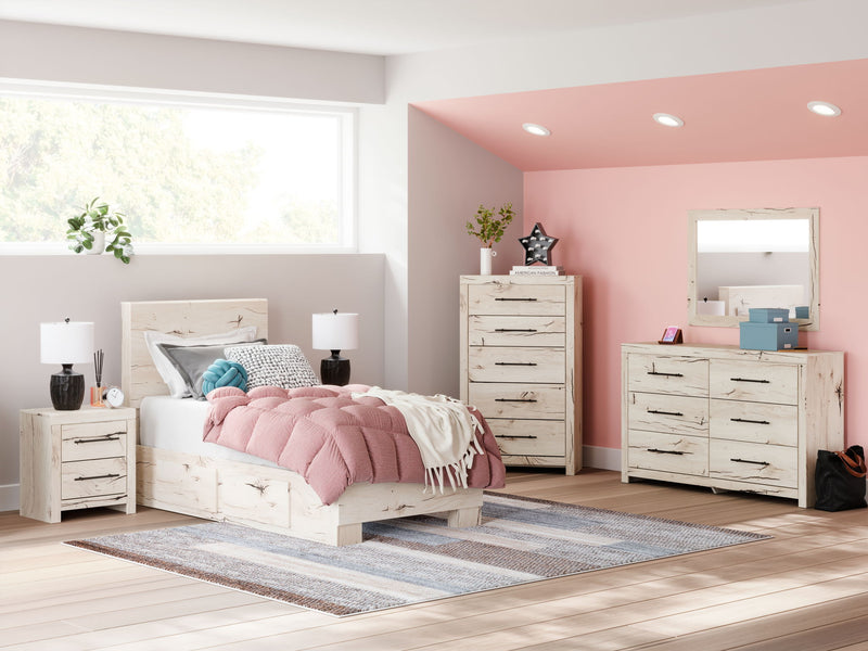 Benchcraft Lawroy 8+ piece storage bedroom set includes a bed, dresser, mirror, nightstands, and storage options in a coordinated design.