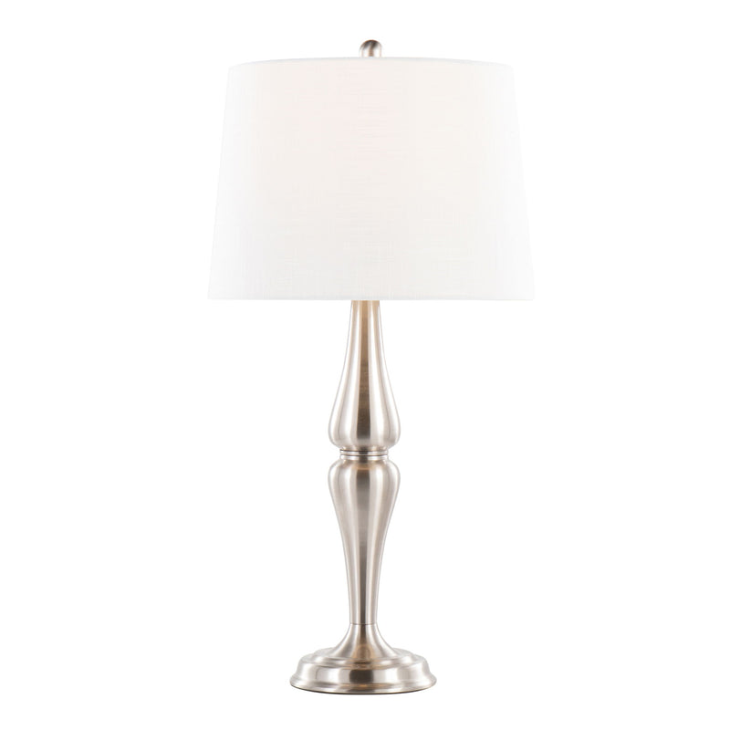 Lumi Source Sawyer contemporary table lamp set with nickel bases and white shades, modern desk or bedside lamps in a pair.
