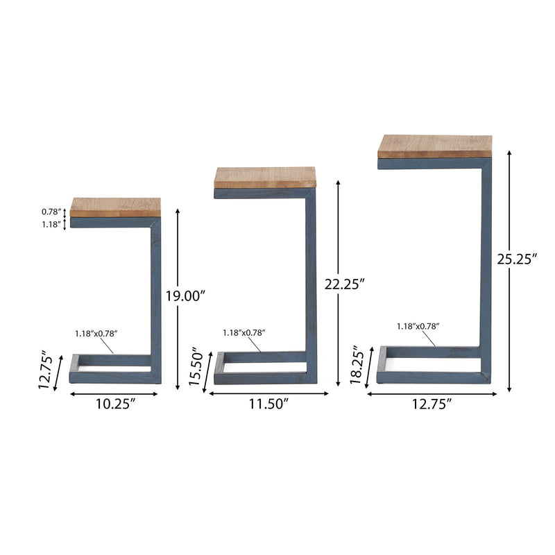 Kacha - Modern Industrial Firwood Nesting Tables (Set of 3) With Iron Frame - Antique Brown / Black