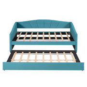 DreamHaus upholstered daybed sofa bed with trundle and wood slat, showcasing plush fabric, wooden frame, and additional sleeping space.