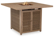 Walton Bridge - 5 Pc. - Square Bar Table W/Fire Pit, 4 Barstools - Driftwood - R&R Furniture Gallery (Fountain Valley, CA)