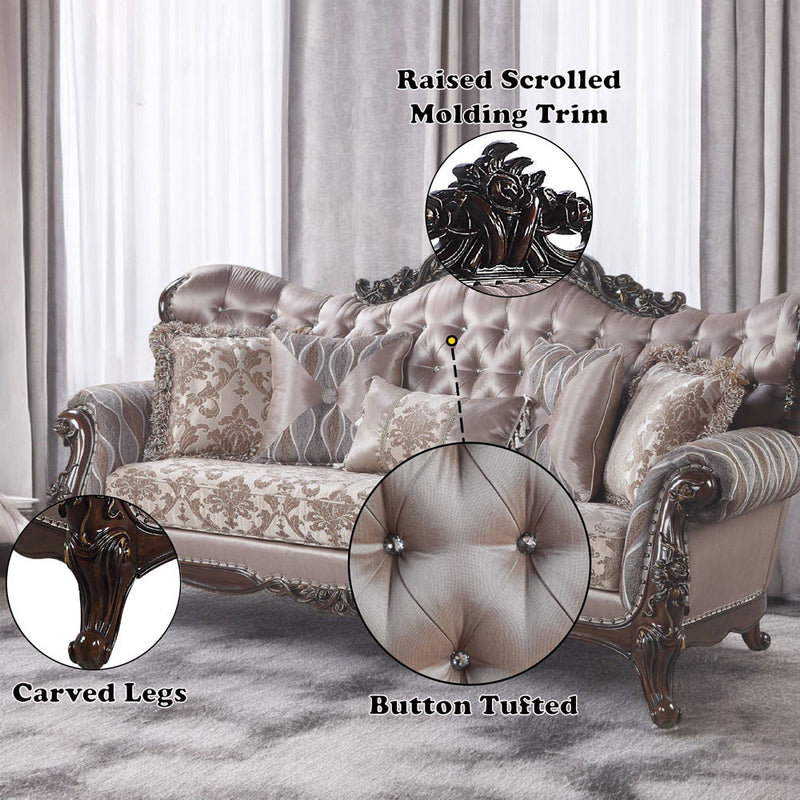 Benbek - Sofa With 5 Pillows - Fabric & Antique Oak - R&R Furniture Gallery (Fountain Valley, CA)