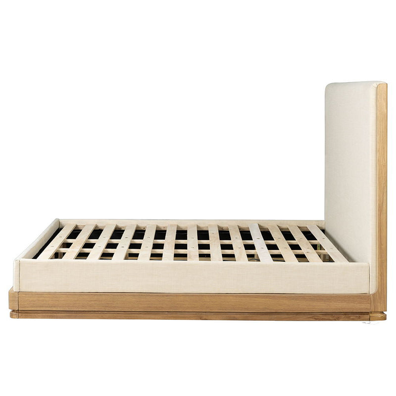 ACME Zoey upholstered bed with plush fabric and modern design, featuring a padded headboard and sturdy wooden frame.