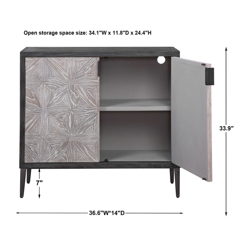 Uttermost Laurentia black and pearl silver 2-door accent cabinet with modern design and decorative hardware.