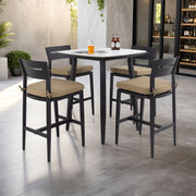 Outdoor patio bar set with rounded square table and four aluminum bar stools from Life Outside, perfect for outdoor dining.