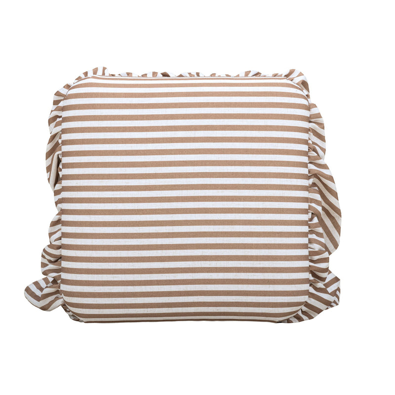 Gertrude striped linen upholstered ottoman by TOV Furniture with a cushioned top and wooden legs in a modern design.