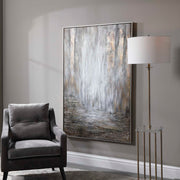 Hand painted abstract canvas art titled Desert Rain in pearl silver by Uttermost, featuring fluid brushstrokes and textured finish.
