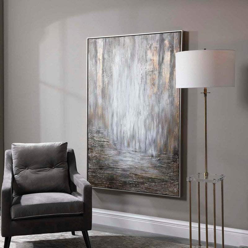 Hand painted abstract canvas art titled Desert Rain in pearl silver by Uttermost, featuring fluid brushstrokes and textured finish.