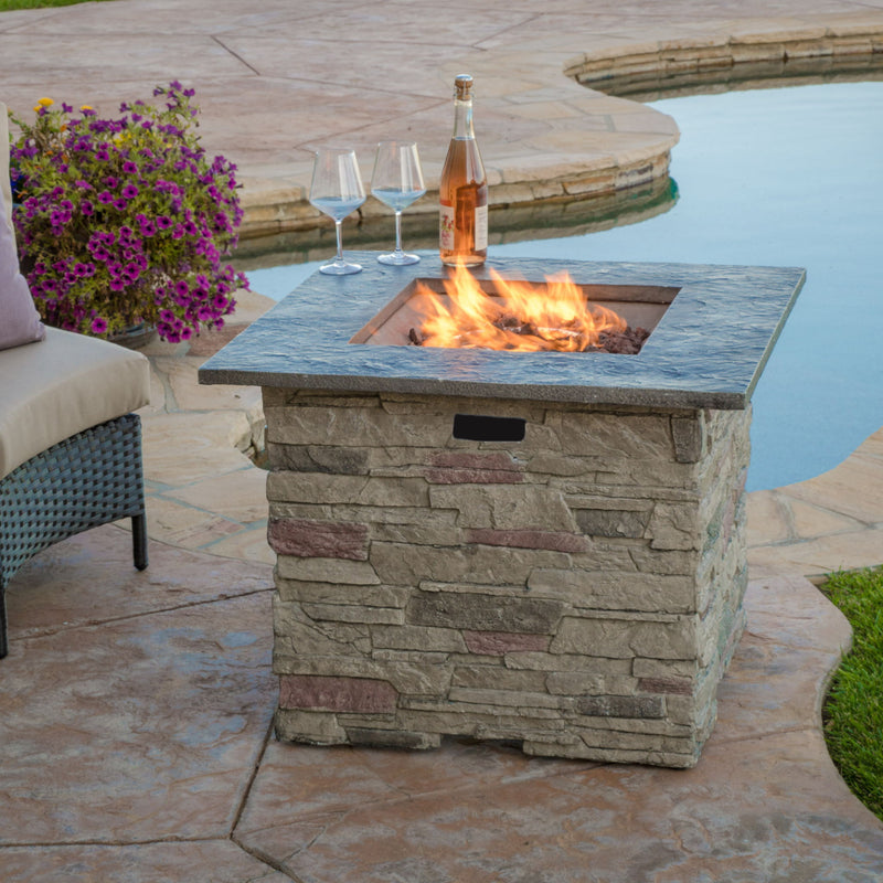 Classic Design Square Fire Pit With Top And 40, 000 Btu Heat Output - Stone Gray - R&R Furniture Gallery (Fountain Valley, CA)