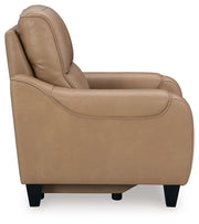 Ashley Mosswell power recliner with adjustable headrest in toffee, showcasing plush upholstery and reclining mechanism.
