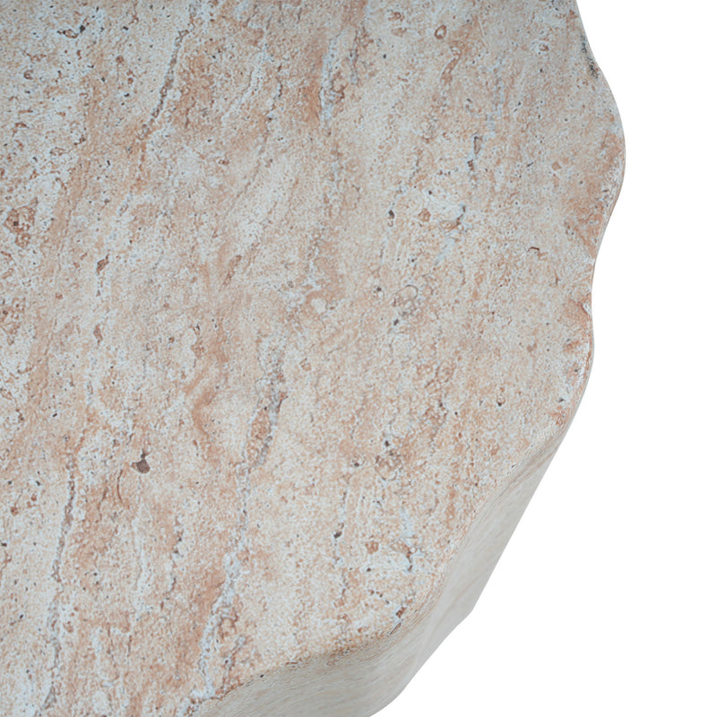 Beige lightweight concrete side table with travertine top, ideal for indoor and outdoor use, by Noble House.