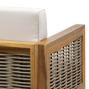 Outdoor 4-piece acacia wood chat set with wicker accents and beige cushions, ideal for patio relaxation.