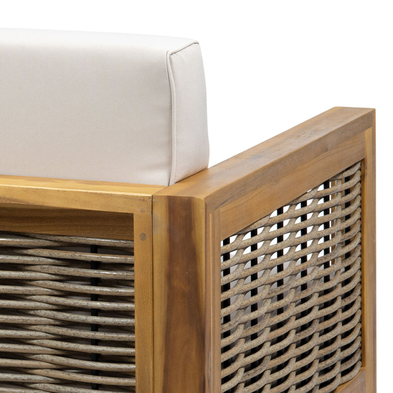 Outdoor 4-piece acacia wood chat set with wicker accents and beige cushions, ideal for patio relaxation.
