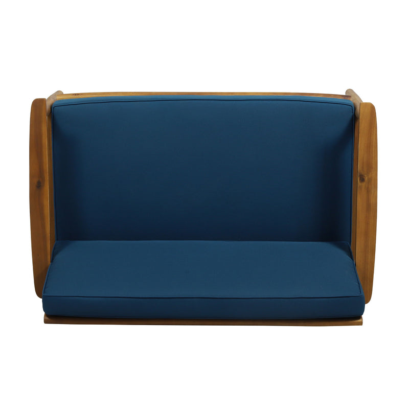 Noble House outdoor acacia wood loveseat set with matching coffee table, 2-piece outdoor furniture for patio or garden seating.