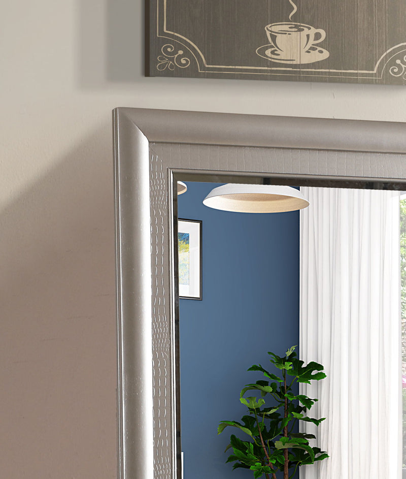 Silver Champagne Kat mirror by Glory Furniture featuring a sleek, modern design with a reflective surface and stylish finish.