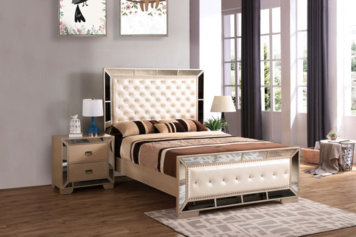Contemporary minimalist panel bed by Glory Furniture with clean lines and modern design, shown in a stylish bedroom setting.