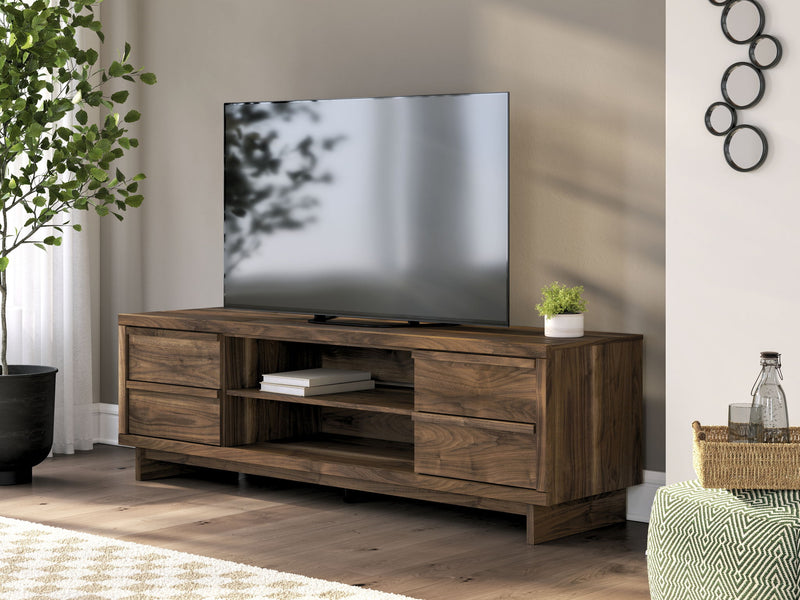 Signature Design by Ashley Zadilyn TV stand with fireplace option, modern wood finish and spacious storage compartments.
