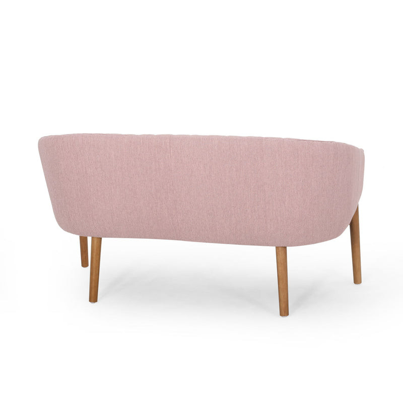 Noble House mid-century modern loveseat with channel-stitched backrest and sleek wooden legs, perfect for stylish living rooms.