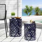 Set of two navy blue Noble House modern iron end tables with cut design, perfect for contemporary living room decor.