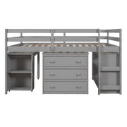 DreamHaus loft low study bed with built-in cabinet, shelves, and rolling desk, combining sleeping and workspace functions in a compact design.