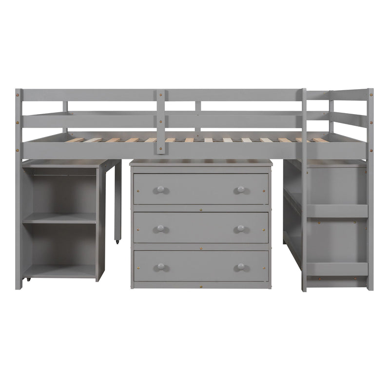 DreamHaus loft low study bed with built-in cabinet, shelves, and rolling desk, combining sleeping and workspace functions in a compact design.