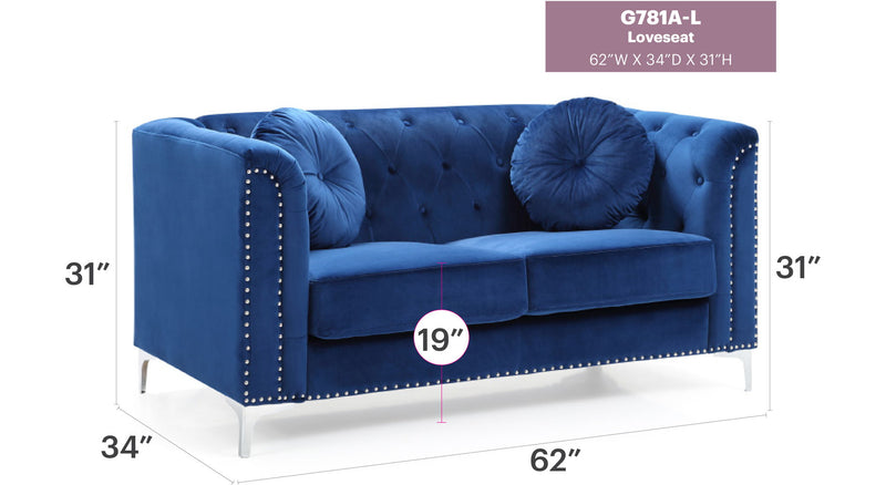 Stylish sloped arm stationary loveseat by Glory Furniture with plush cushions and modern design, perfect for cozy living rooms.