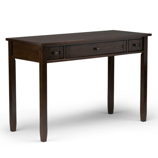 Simpli-Home Warm Shaker Desk in Tobacco Brown with clean lines and spacious surface for writing and workspace.