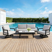 Outdoor 4-piece conversation set by Life Outside with chairs, bench sofa, tables, and Sunbrella cushions for patio relaxation.