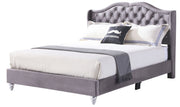 Transitional upholstered bed by Glory Furniture with a padded headboard and neutral fabric, showcasing elegant bedroom furniture design.