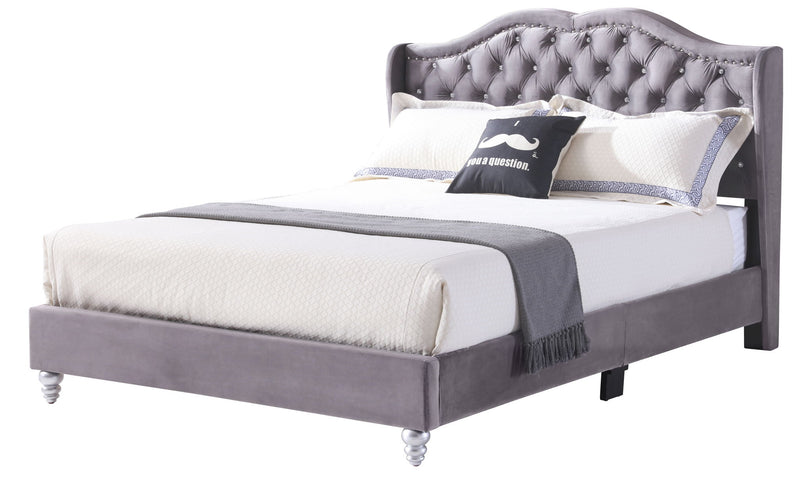 Transitional upholstered bed by Glory Furniture with a padded headboard and neutral fabric, showcasing elegant bedroom furniture design.