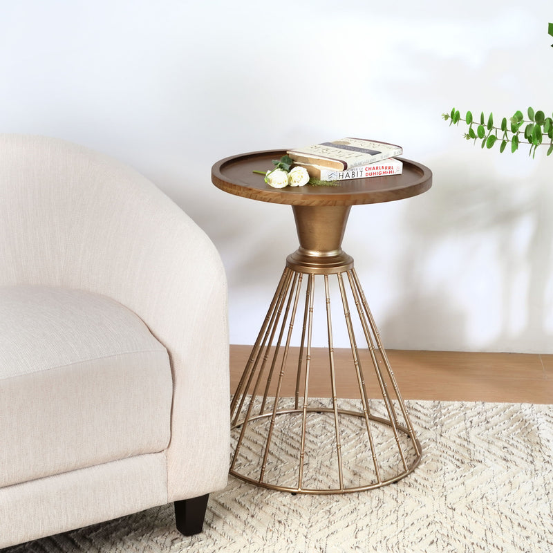 Hollow - Edge Retro Art Pine Side Table With Antique And Natural Color, Iron And Pine Construction - Antique Gold / Natural - R&R Furniture Gallery (Fountain Valley, CA)