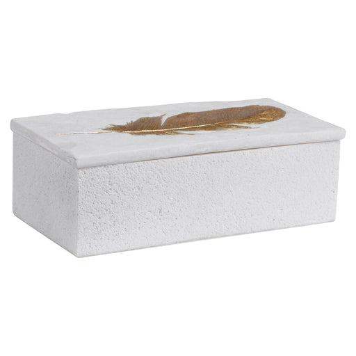 White stone box from the Nephele collection by Uttermost, showcasing a stylish basket or storage container with a smooth finish.