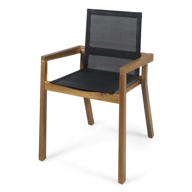 Set of two Noble House Belfast dining chairs with acacia wood frames and cushioned seats, perfect for modern dining rooms.