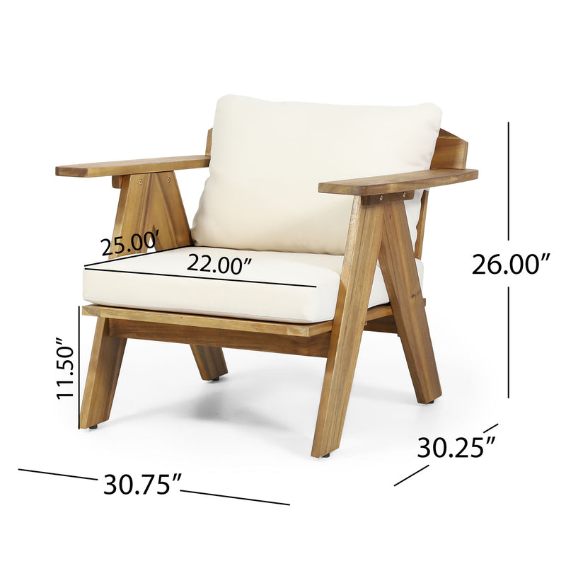 Set of two outdoor acacia wood club chairs with beige cushions by Noble House, perfect for garden or patio seating.