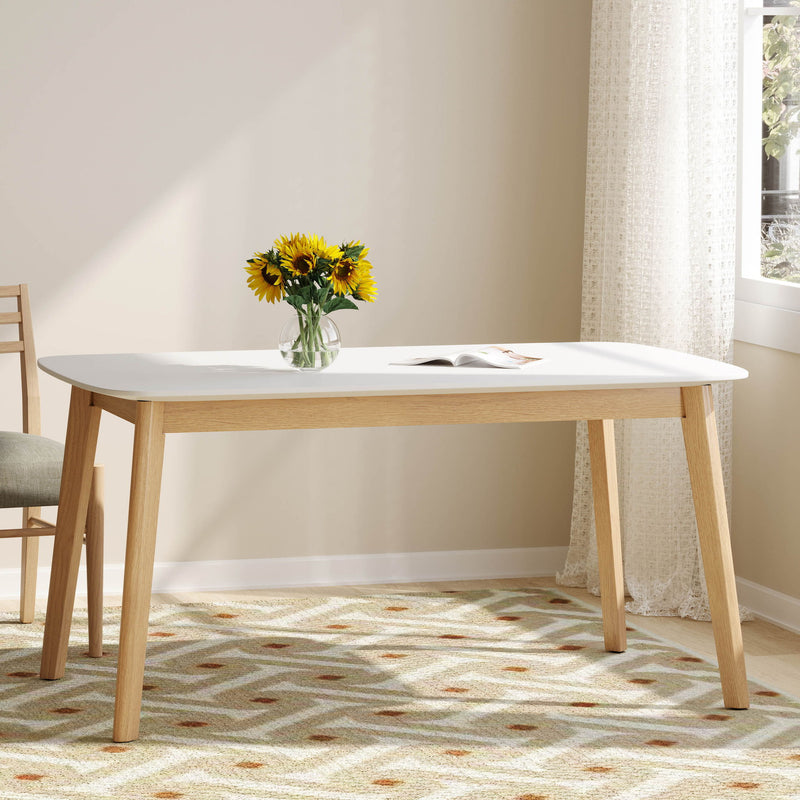 Dining Table With Splayed Rubberwood Legs & Faux Wood Tabletop, Mid Century Modern - White Oak - R&R Furniture Gallery (Fountain Valley, CA)