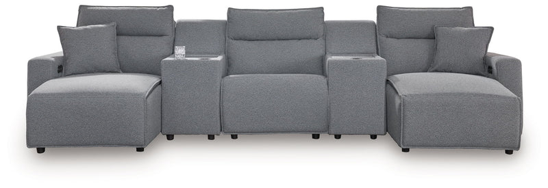 Signature Design by Ashley Modmax II reclining sectional in salt and pepper fabric, showing plush cushions and reclining features.